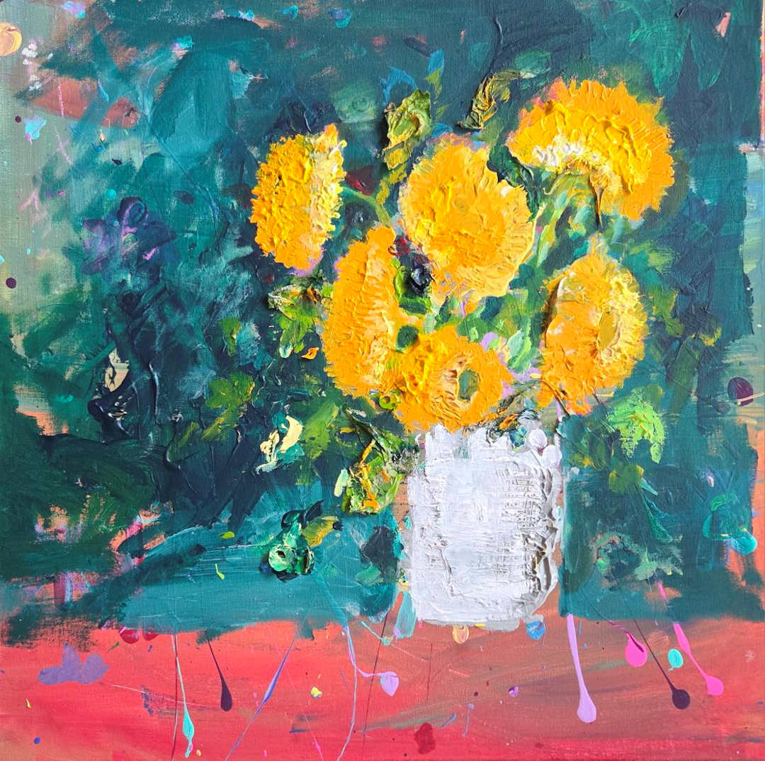 Sun Flowers in White Vase